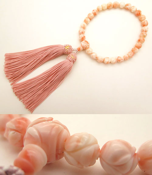 数珠 女性用 深海珊瑚 バラ彫 9mm玉 共仕立て 限定1品の通販