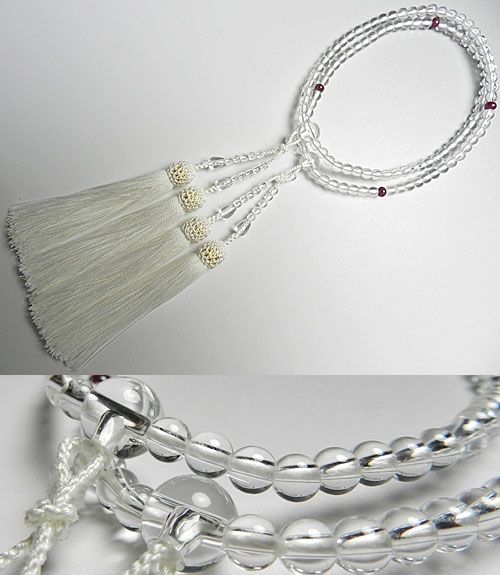 水晶　数珠　女性用 数珠 女性用 水晶丸玉5mm 水晶切子・紅水晶交互仕立 正絹蛍房