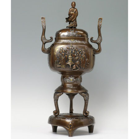 唐銅 十六羅漢香炉 青鳳作 銅製 金属工芸 仏具 三足香炉