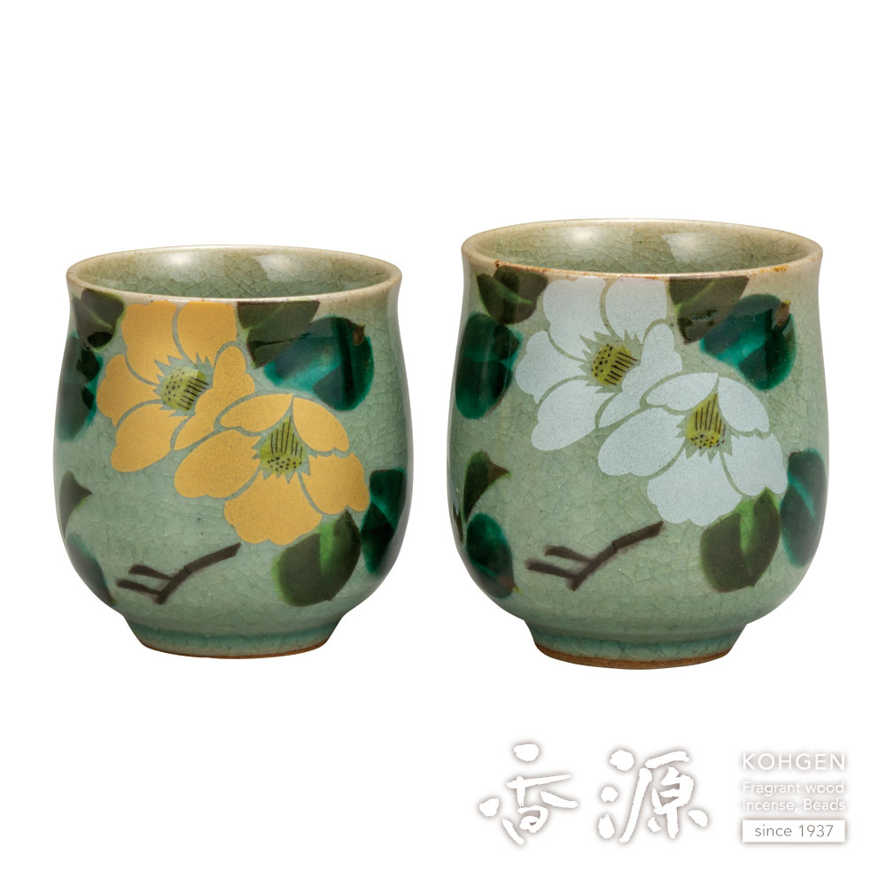 九谷焼 椿 green 瑛生の器 九谷美陶園 椿文様六寸深