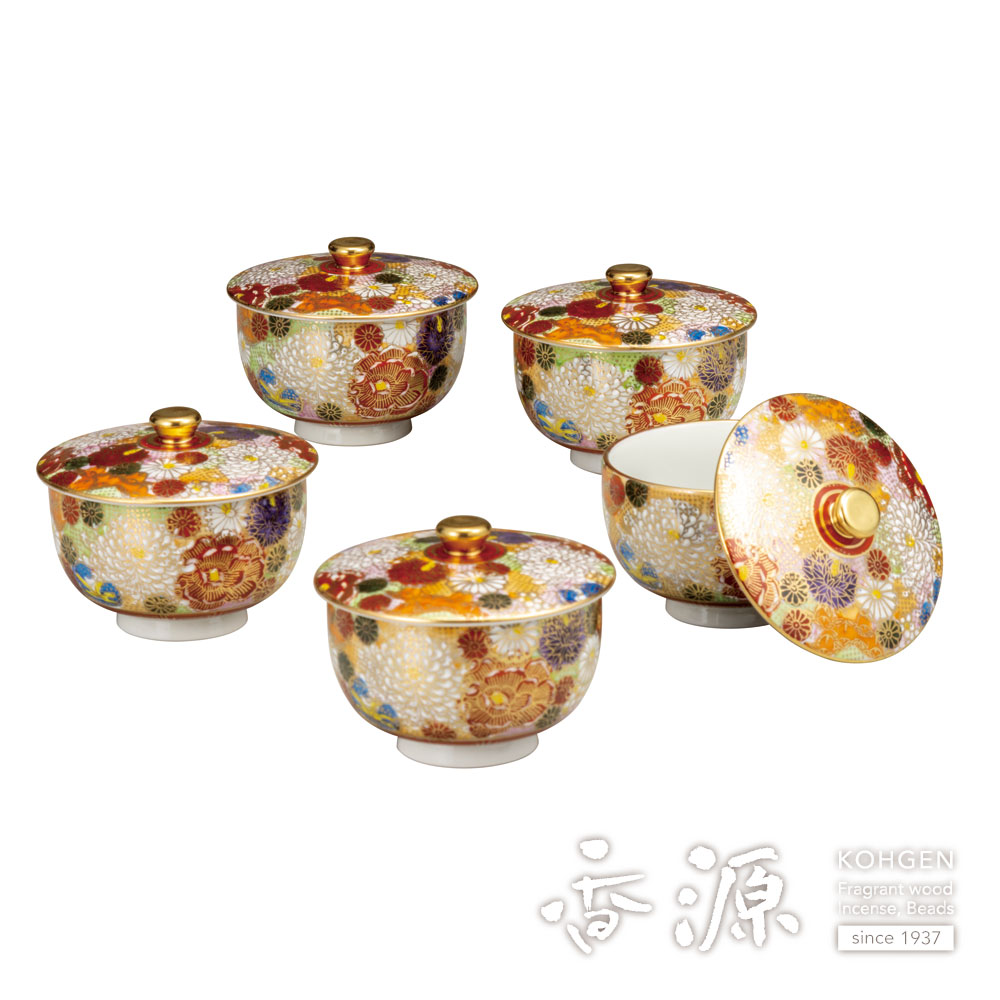 o0515-67 九谷焼 九谷美泉 番茶器揃 花詰 急須 蓋付湯呑5客 共箱
