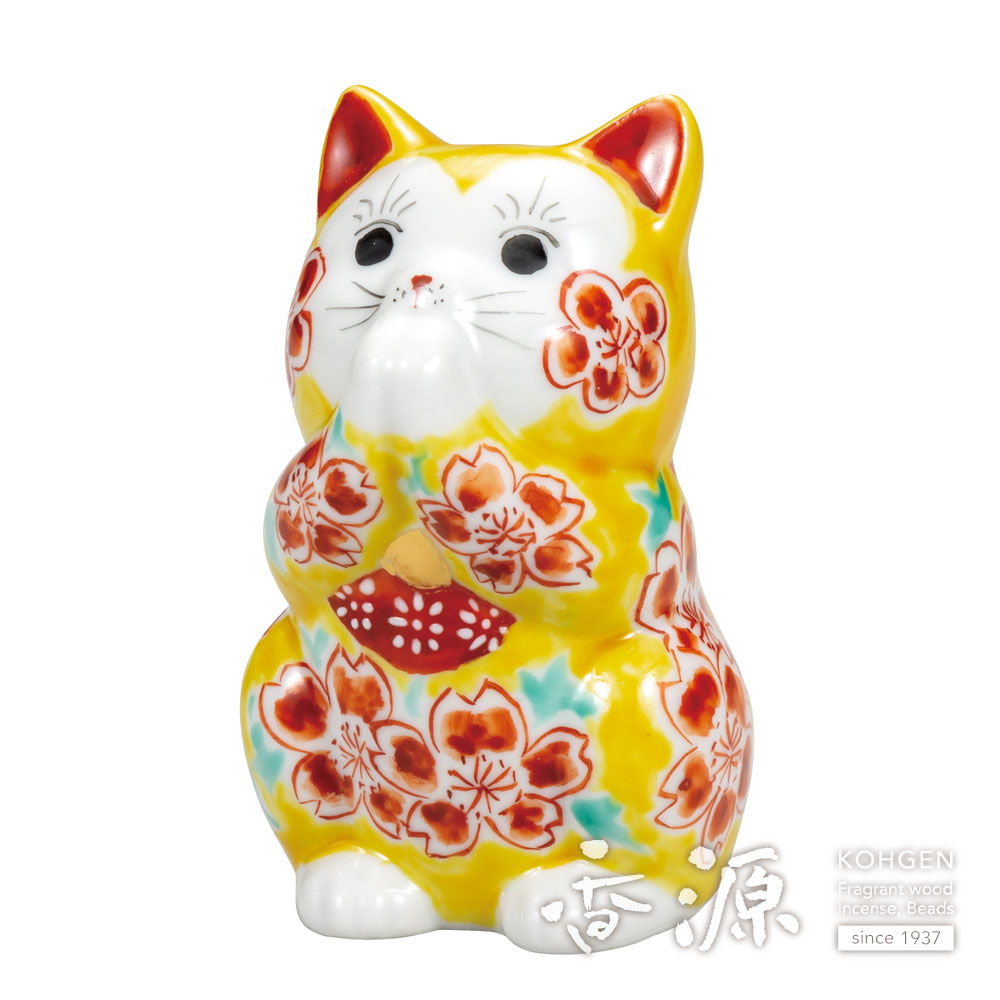 【九谷焼】お祈り猫 招き猫 黒地桜 縁起物 置物 九谷焼】お祈り猫 招き猫 黒地桜 縁起物 置物 九谷焼】3.8号