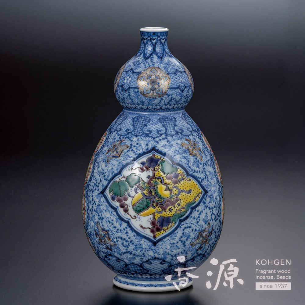 九谷焼 8号花入 青華紅彩宝文 日本製 ギフト うつわ 陶磁器